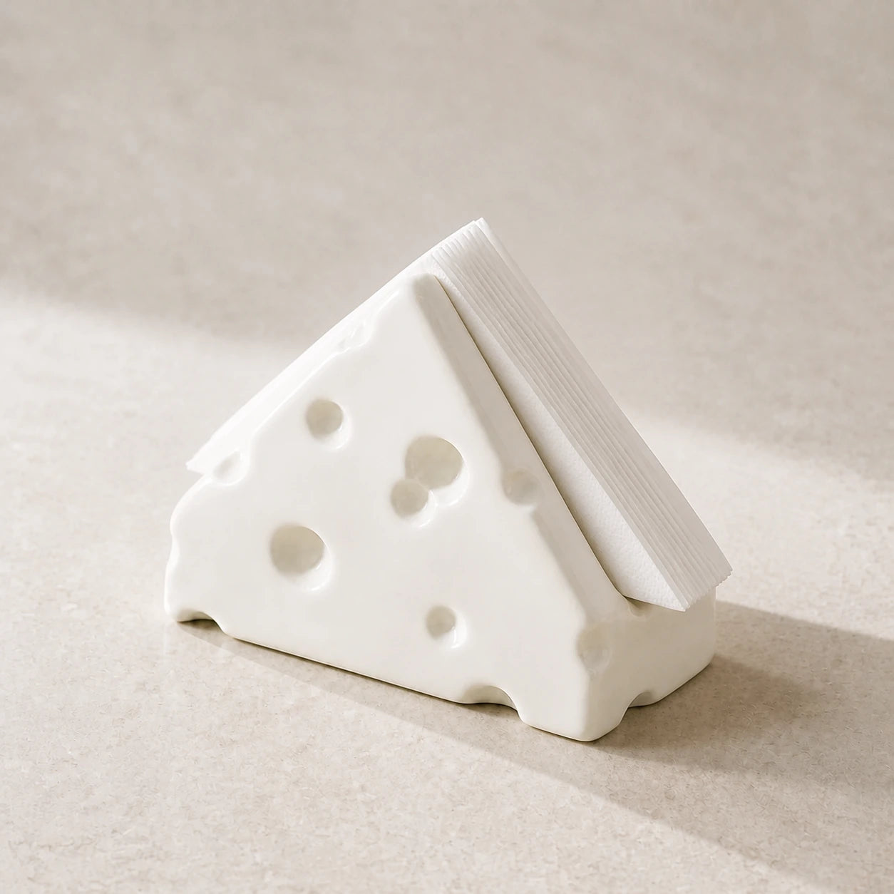 Alabaster White Swiss Cheese ceramic napkin holder with folded white napkins on pale stone
