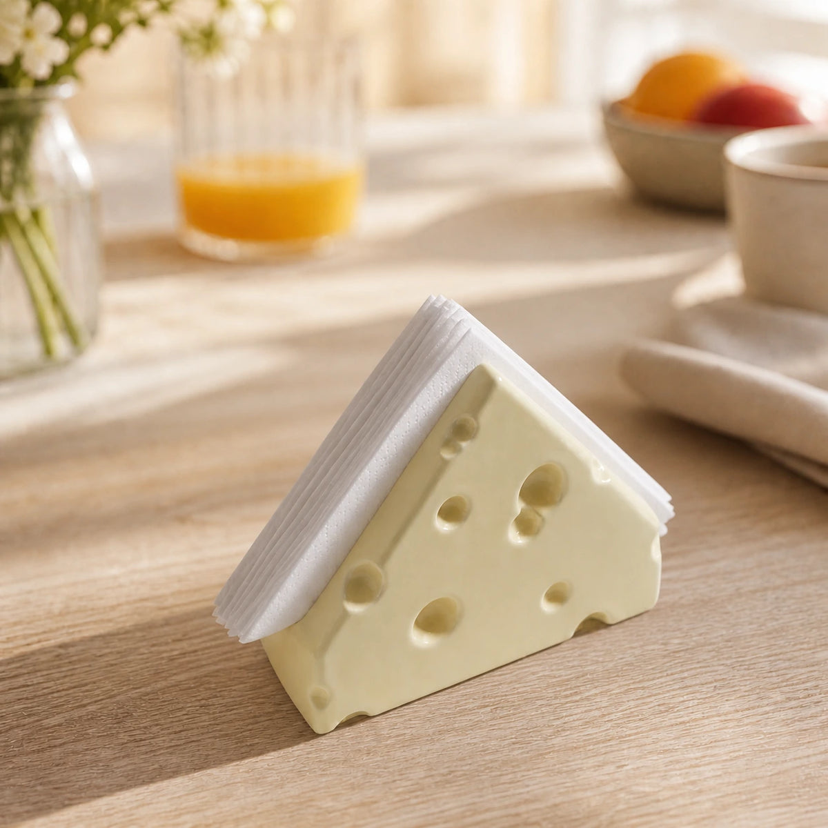Butter Cream Swiss Cheese ceramic holder with white napkins on a light dining table