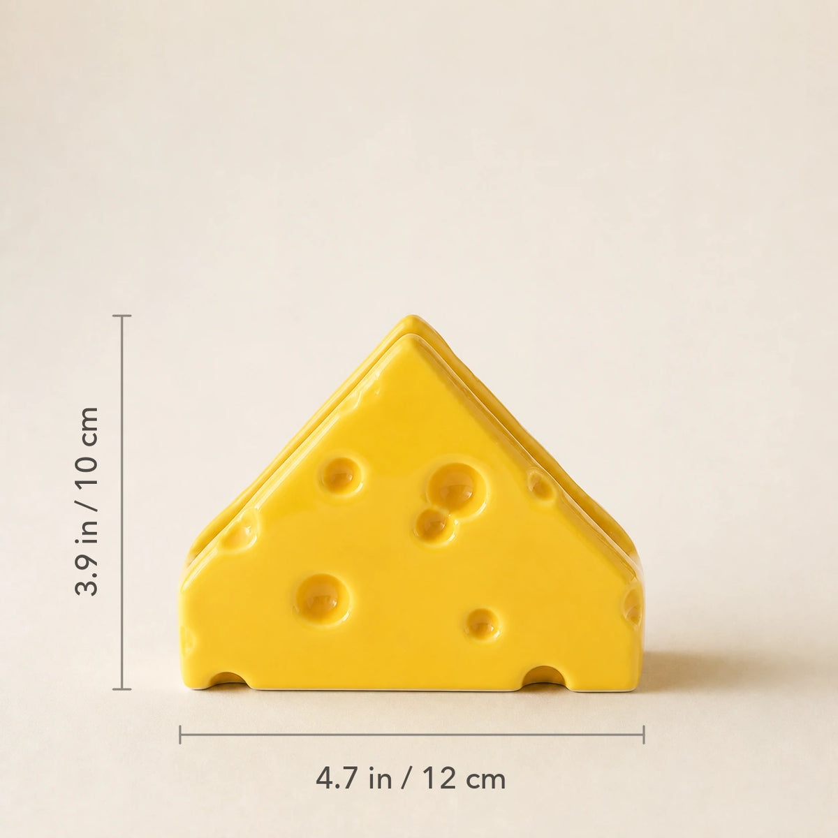 Swiss Cheese Classic Yellow ceramic napkin holder marked 4.7 inches wide and 3.9 inches high