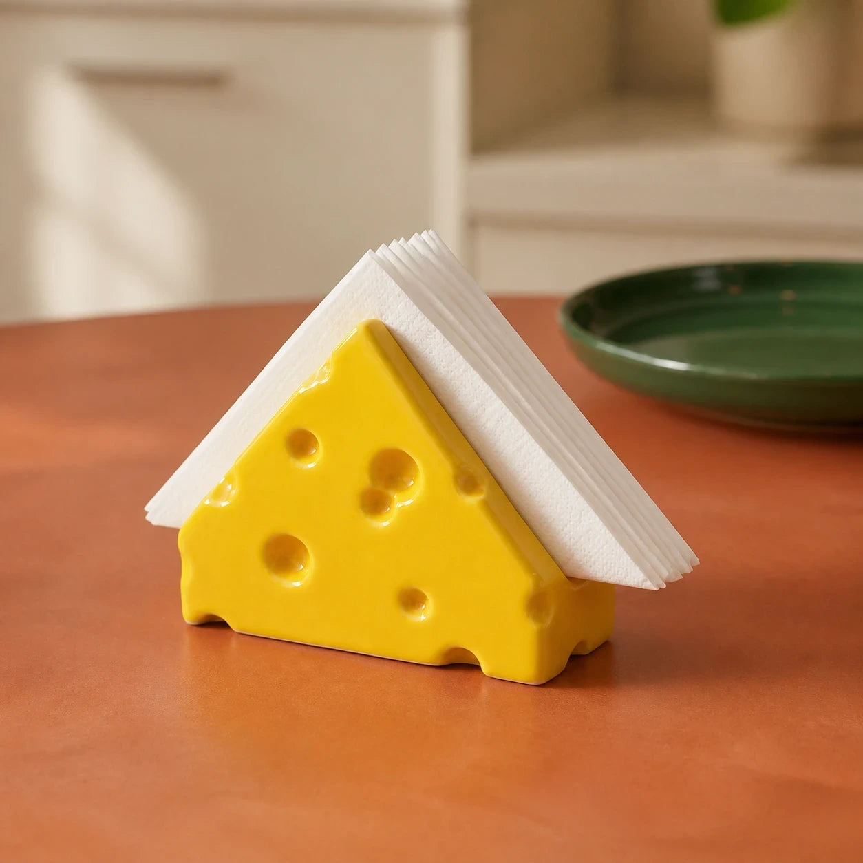 Classic Yellow Swiss Cheese ceramic holder with white napkins on a terracotta table