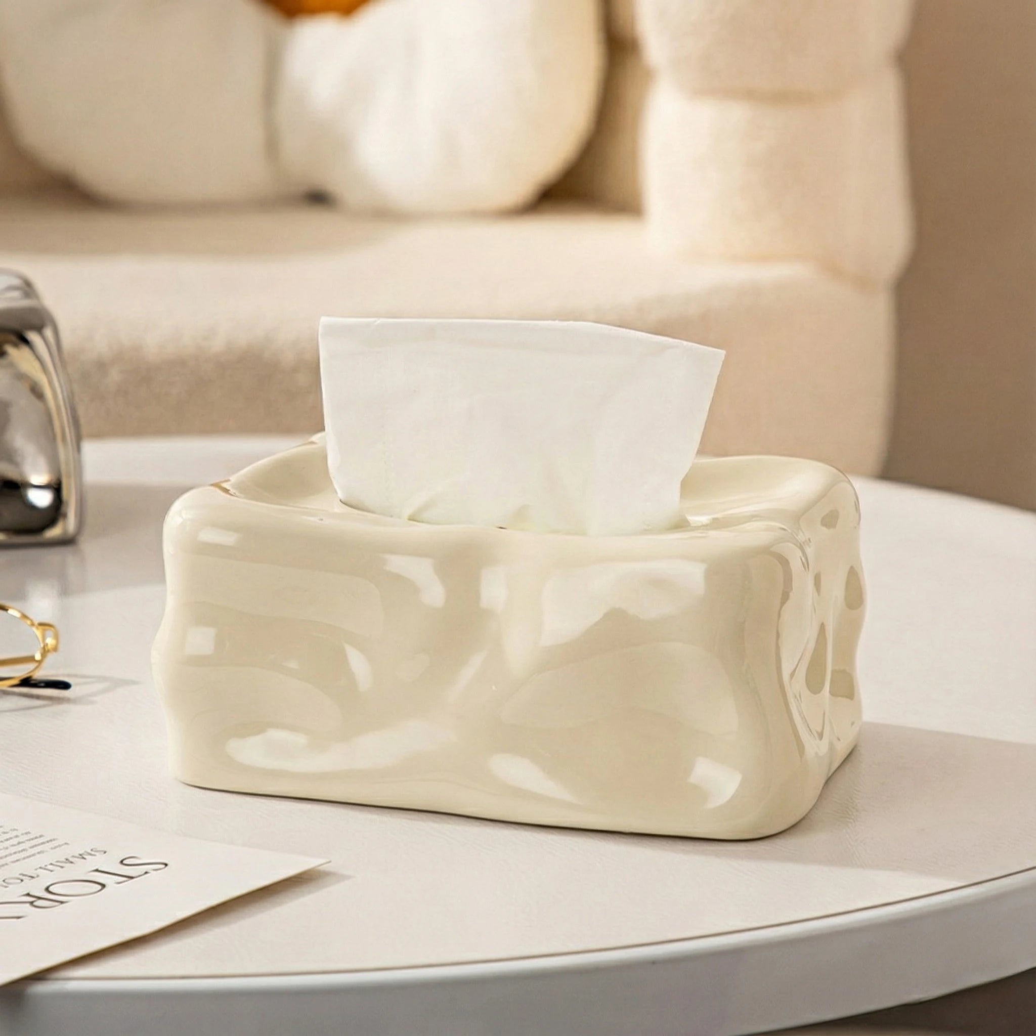 Wavy Sculptural Tissue Box Cover | Modern Melting Ceramic Decor