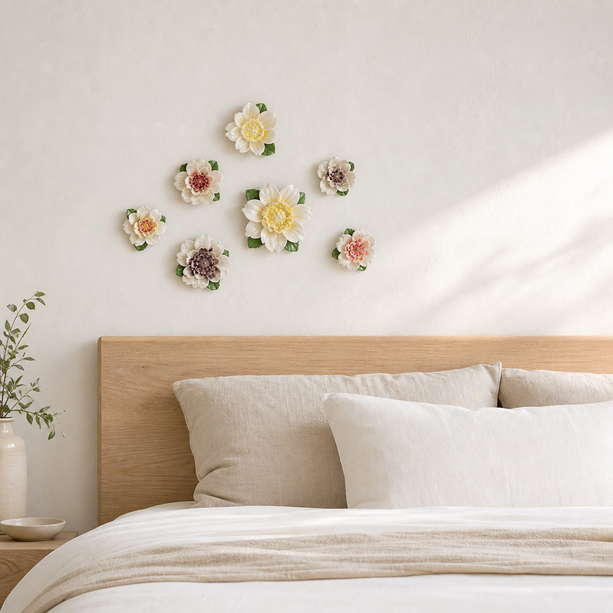 Seven small ceramic wall flowers arranged above part of a full-size pale oak bed.